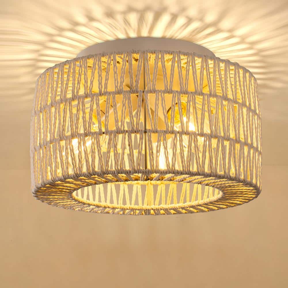 11.8 in. 3-Light White Rattan Flush Mount Ceiling Light for Hallway, Bedroom or Living Room - Hercitys