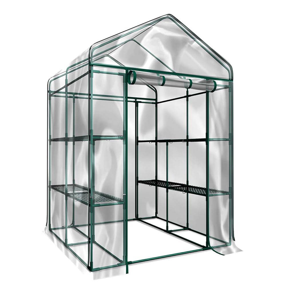 56 in. L x 56 in. W x 76 in. H Mini Walk-in Metal Greenhouse 2-Tier 8-Shelves Transparent - Hercitys