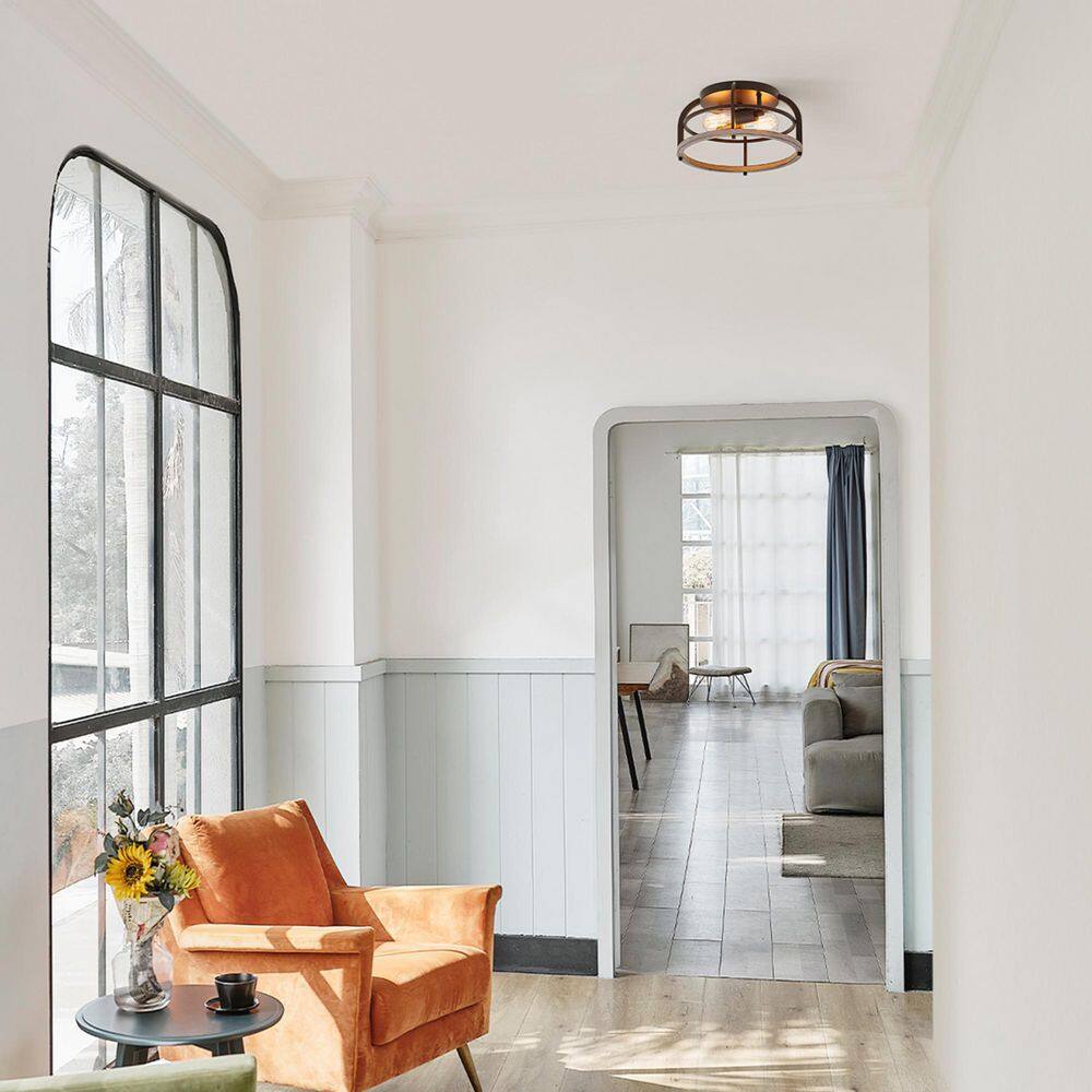 13 in. 2-Light Matte Black Flush Mount Ceiling Light with Faux Wood Accents - Hercitys