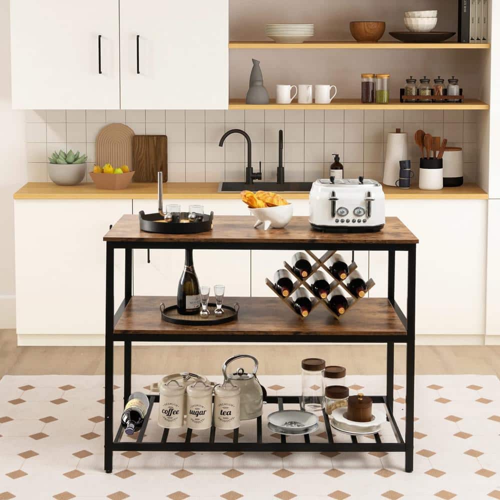 3-Tier Rustic Brown Wood 47.2 in. Kitchen Island with Bottom Wine Rack - Hercitys