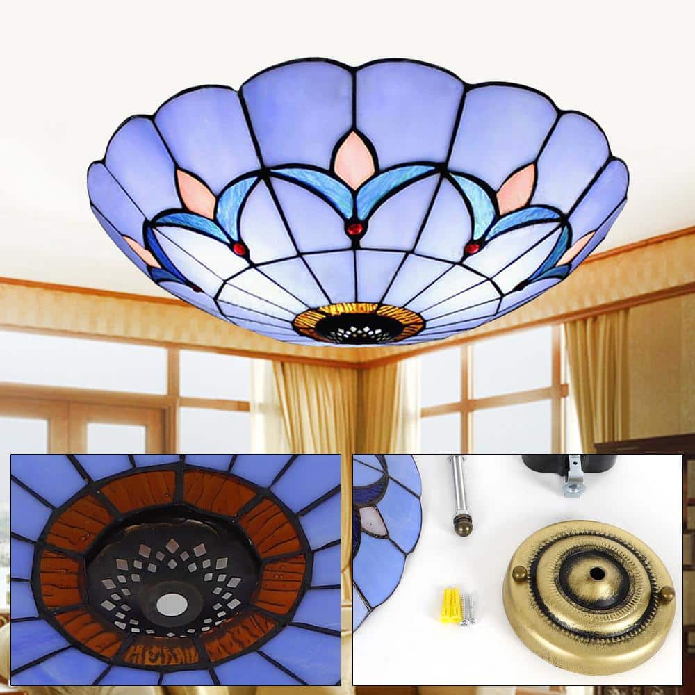 11.81 in. 2-Light Blue Modern Mediterranean Flush Mount Ceiling Light with Stained Glass Shade, No Bulbs Included - Hercitys