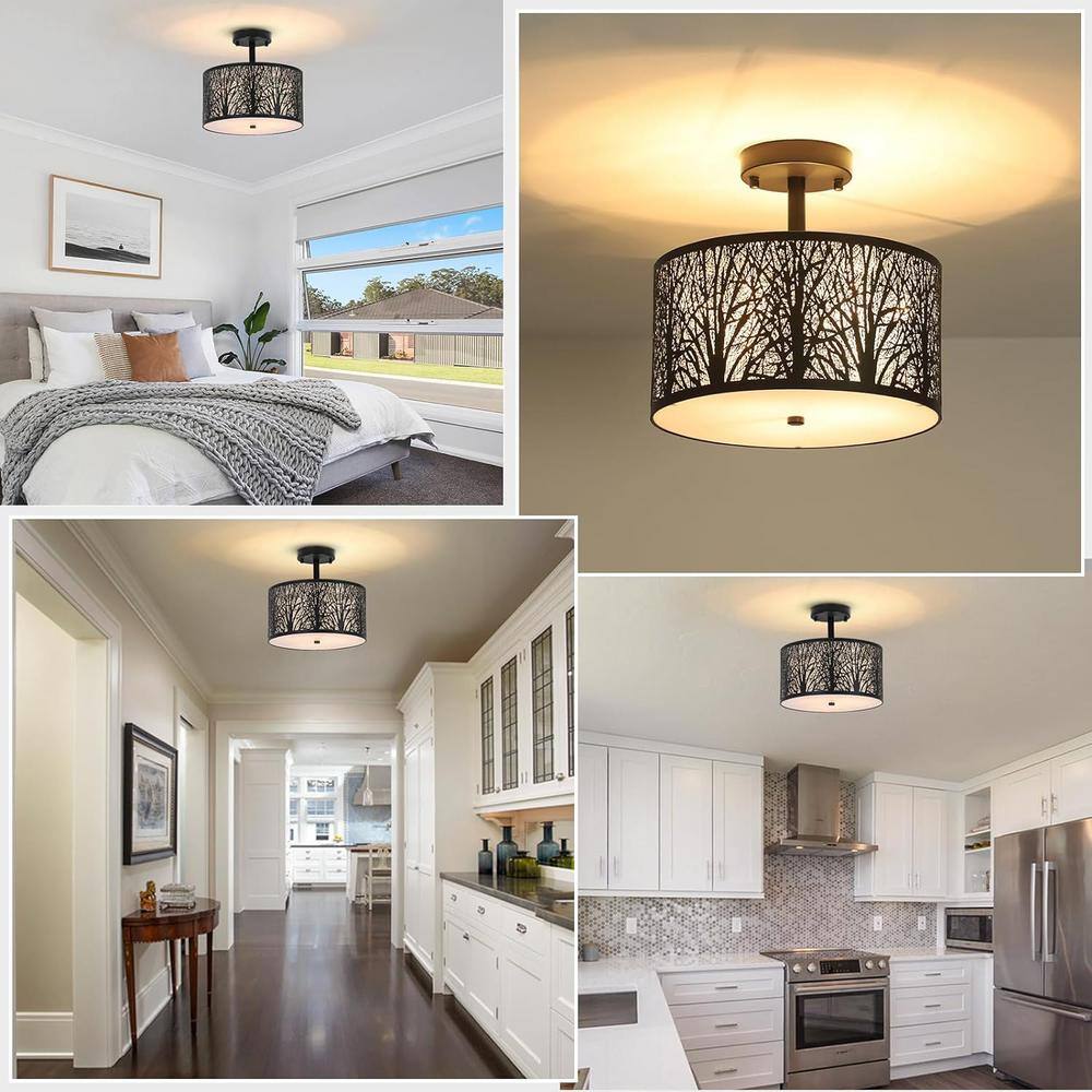 11.8 in. 3-Light Black Drum Light Semi Flush Mount with Etched Pattern Shade - Hercitys