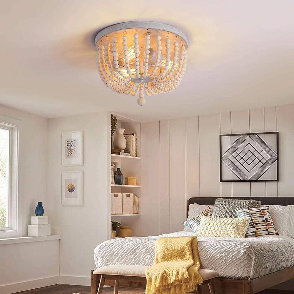 3-Light Boho Farmhouse Drum Flush Mount Ceiling Light Fixture Wood Beaded Chandelier for Hallway Baby’s Nursery Bedroom - Hercitys