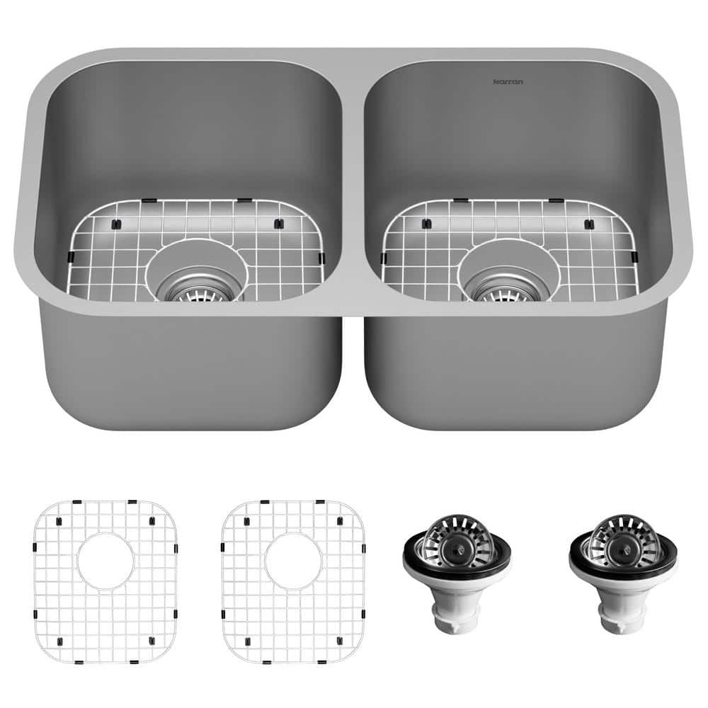 18-Gauge Stainless Steel 32 in. Double Bowl Undermount Kitchen Sink Kit - Hercitys