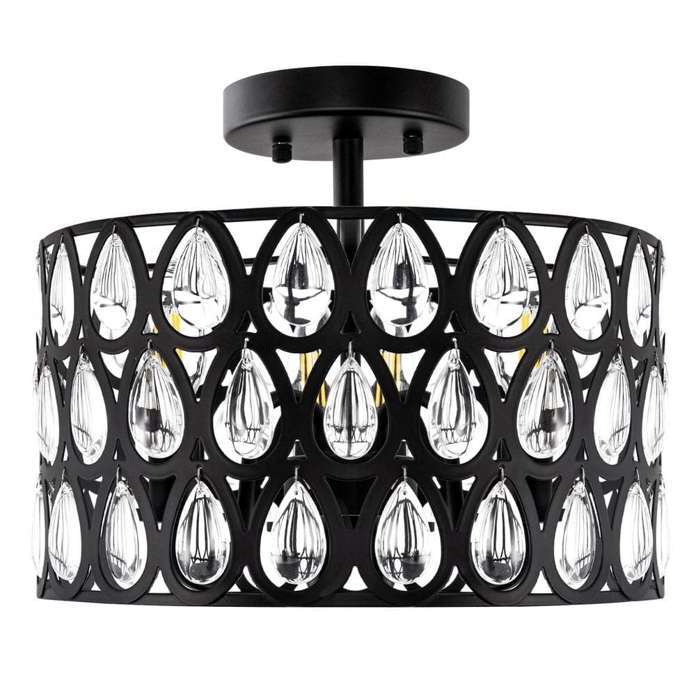 3-Light Matte Black Semi-Flush Mount Ceiling Light with Teardrop Crystal Accents, E12 Base, Bulbs Not Included - Hercitys