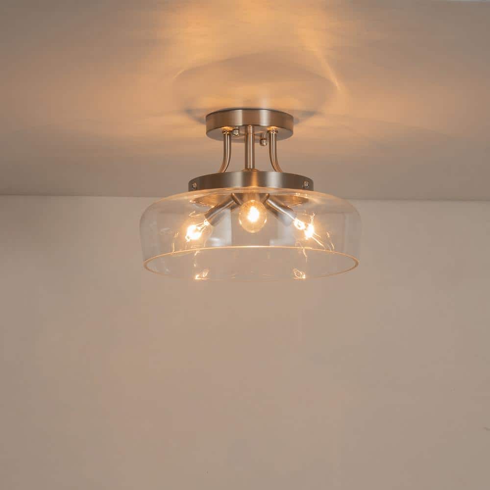 11 in. 3-Light Satin Nickel Transitional Semi-Flush Mount with Clear Glass Shade and No Bulbs Included - Hercitys