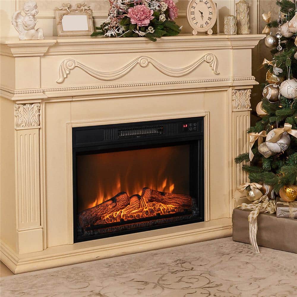 25 in. Wall-Mount Electric Fireplace TV Stand Insert Heater w/Log Flame Effects Remote Control 1400W in Black - Hercitys