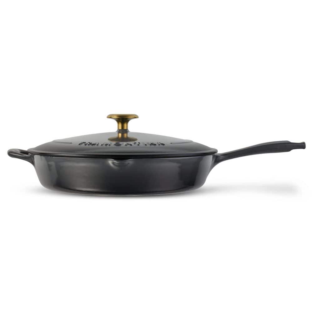 12 in. Enameled Covered Cast Iron Skillet-Smoke with Gold Stainless Steel Knob - Hercitys