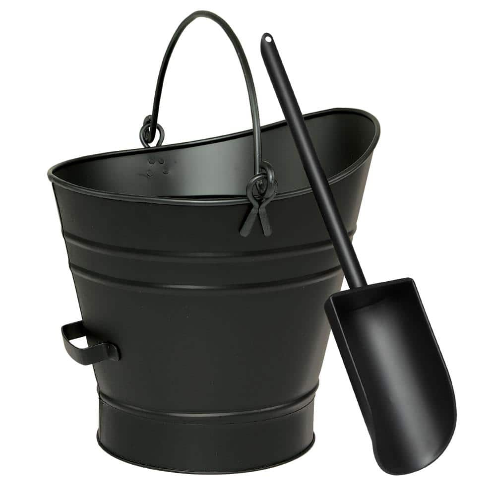 14 in. Tall 2-Piece Black Traditional Galvanized Steel Round Small Pellet Bucket with Handles and Scoop - Hercitys
