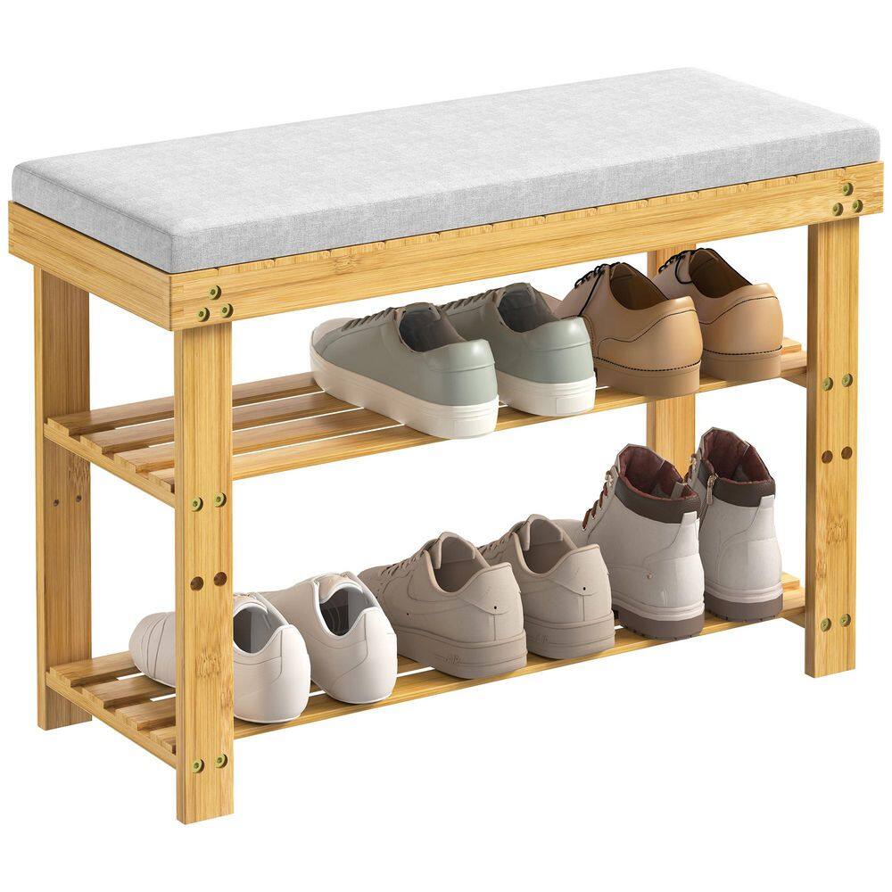 3-Tier Kitchen Pantry with Cushion and Adjustable Shelves, Bamboo Shoe Bench for Hallway Entryway and Living Room, Khaki - Hercitys