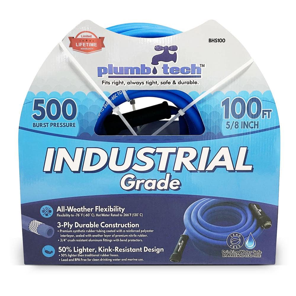 5/8 in. x 100 ft. Industrial Grade Dual-Purpose Blue Synthetic Rubber Hose, BPA Free for Safe Drinking, 500 PSI BP - Hercitys