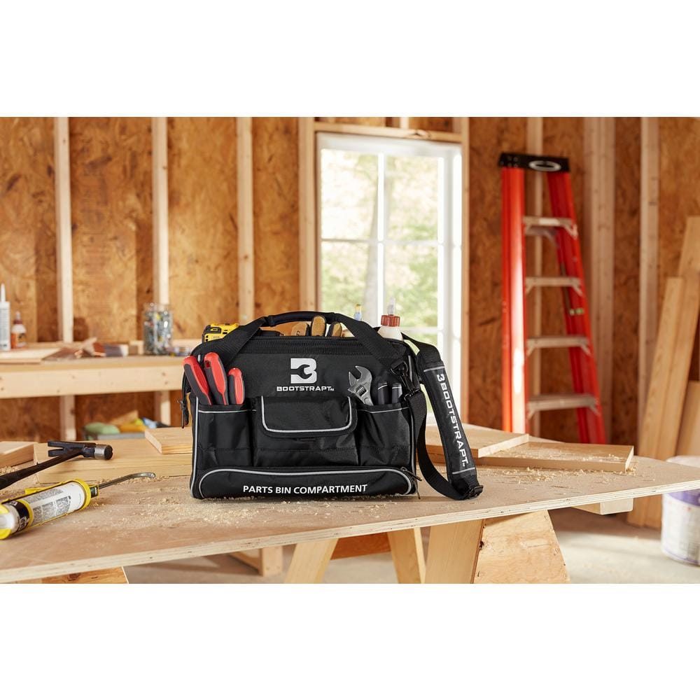 16 in. Large Mouth Tool Bag with Integrated Parts Bin Compartment - Hercitys