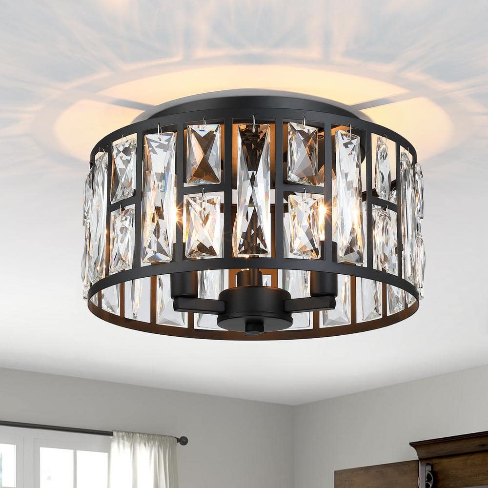 12 in. 3-Light Round Modern Black Drum Flush Mount Ceiling Light with Clear Crystal Shade - Hercitys