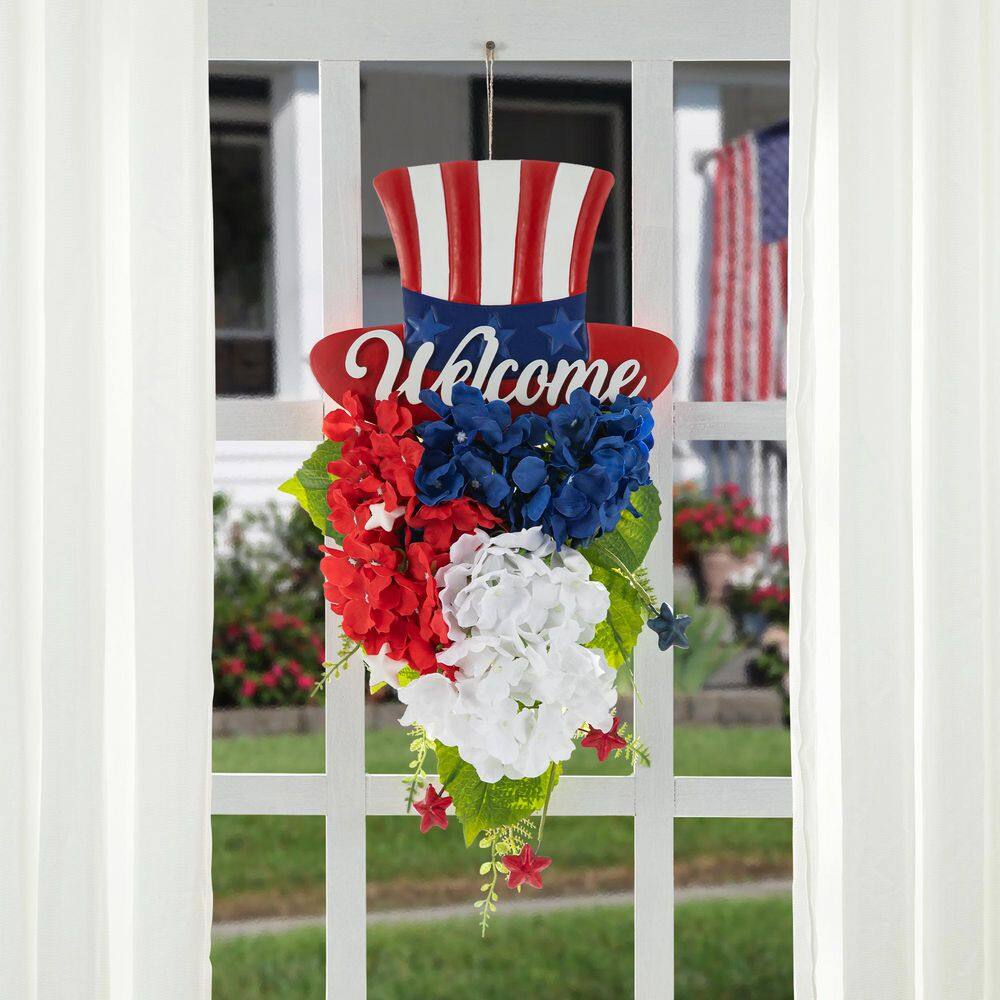 22.5 in. H Patriotic/ Americana Metal Top Hat and Hydrangea Swag Wall Decor - Hercitys