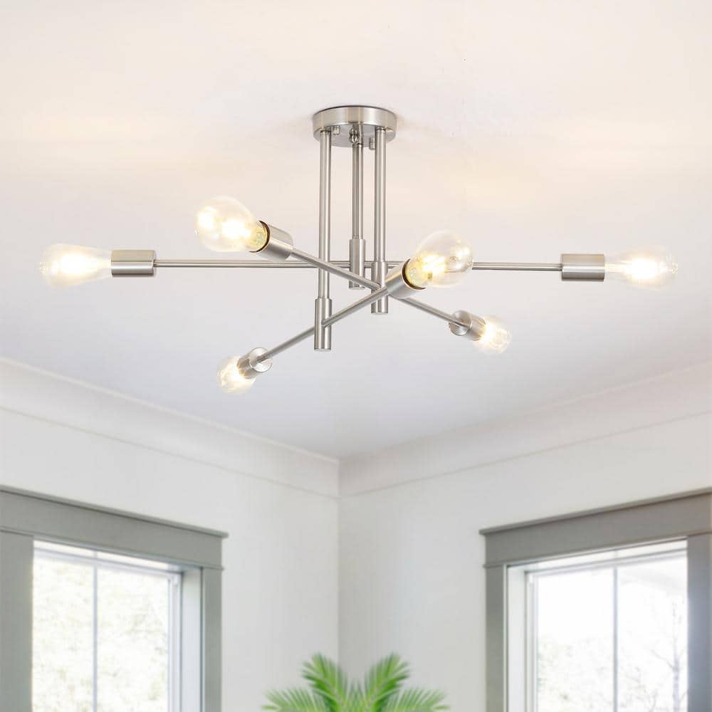 27.56 in. 6-Light Nickel Dimmable Sputnik Chandelier Modern Linear Semi Flush Mount Ceiling Light for Living Room - Hercitys