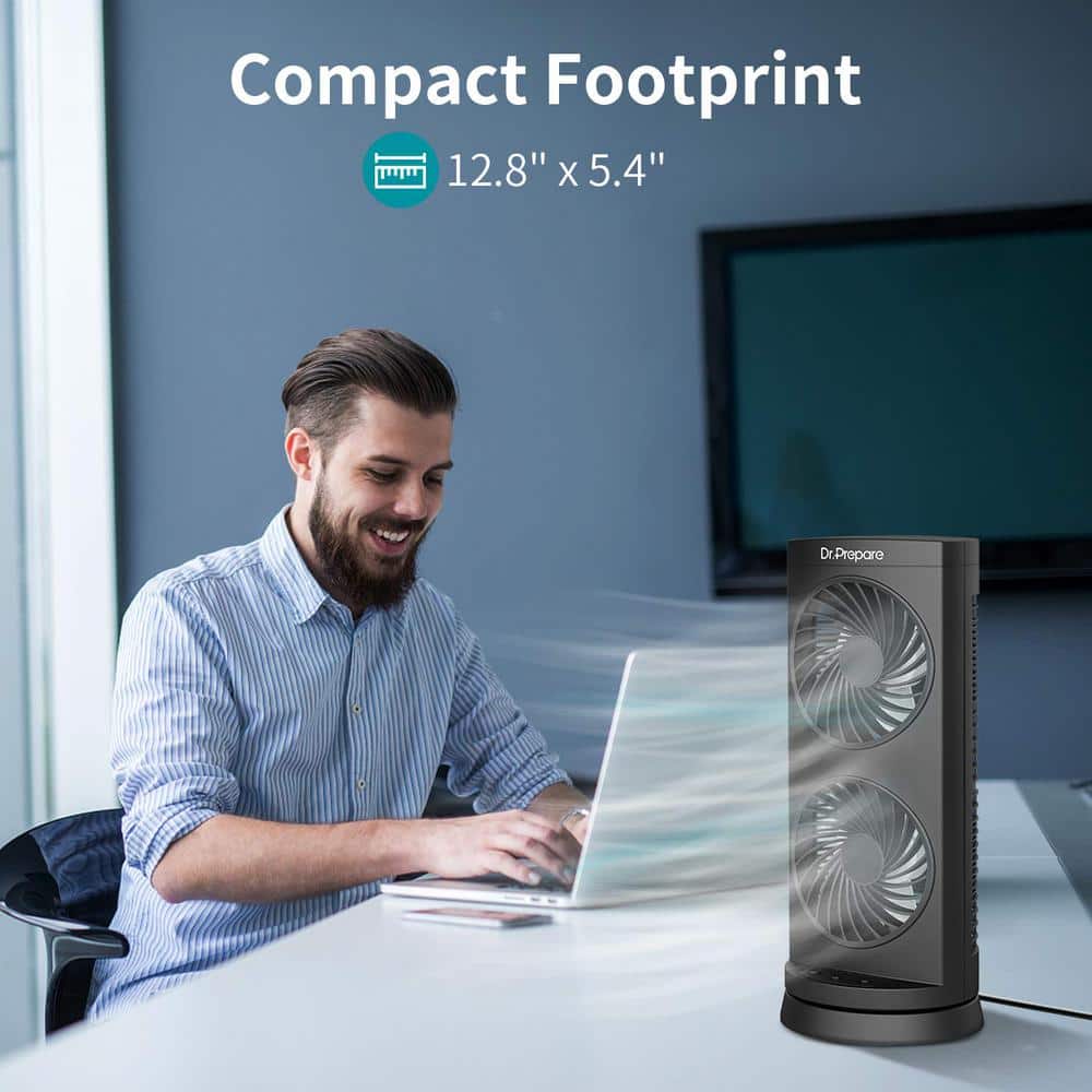 5.4 in. Portable Dual Air Circulation Tower Fan with 3-Speed Options, 110° Oscillation, 3 Timers for Home in Black - Hercitys