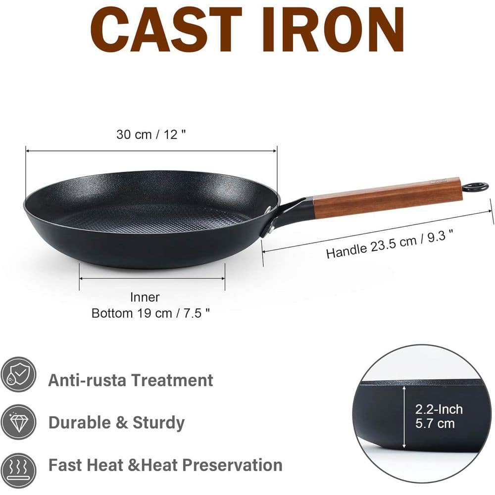 12 in. Cast Iron Nonstick Frying Pan Skillet with Detachable Acacia Wooden Handle, Honeycomb Non Stick Omelet Egg Pan - Hercitys