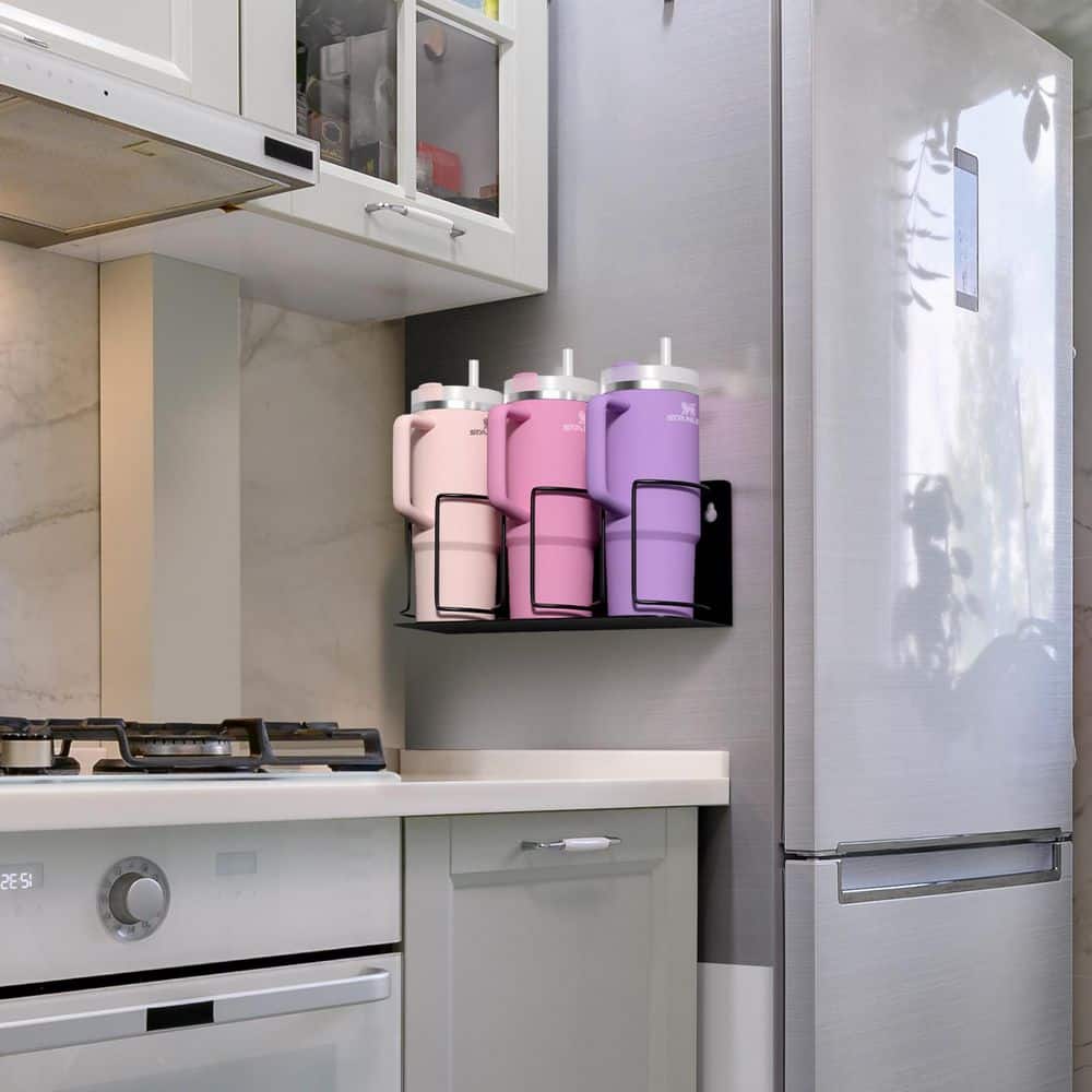 2 Pack Stanley Cup Holder for 3 Cups, Wall Mount with Adhesive Tape or Screws, 1-Shelf Black Magnetic Pantry Organizer - Hercitys