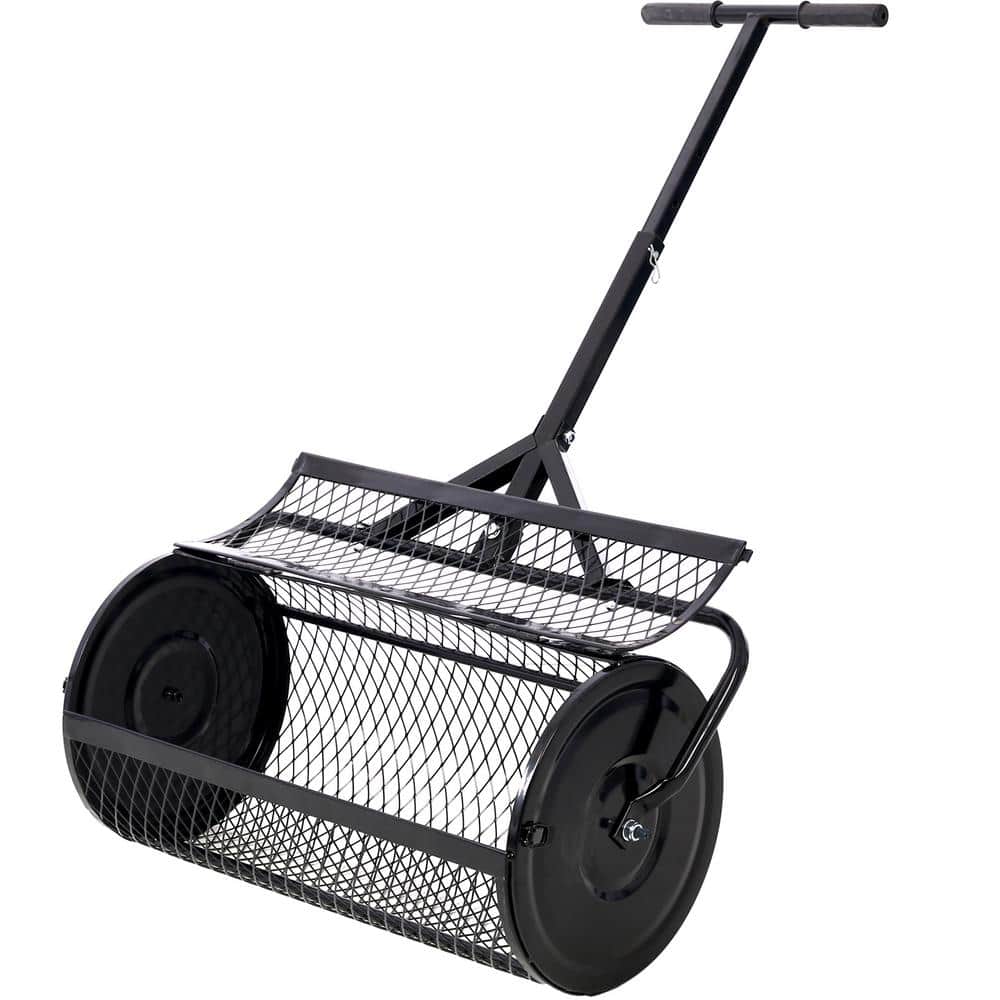 24 in. Metal Mesh Peat Moss Compost Spreader, T-Shaped Handle for Lanting Seeding, Garden Care Manure Spreaders Roller - Hercitys