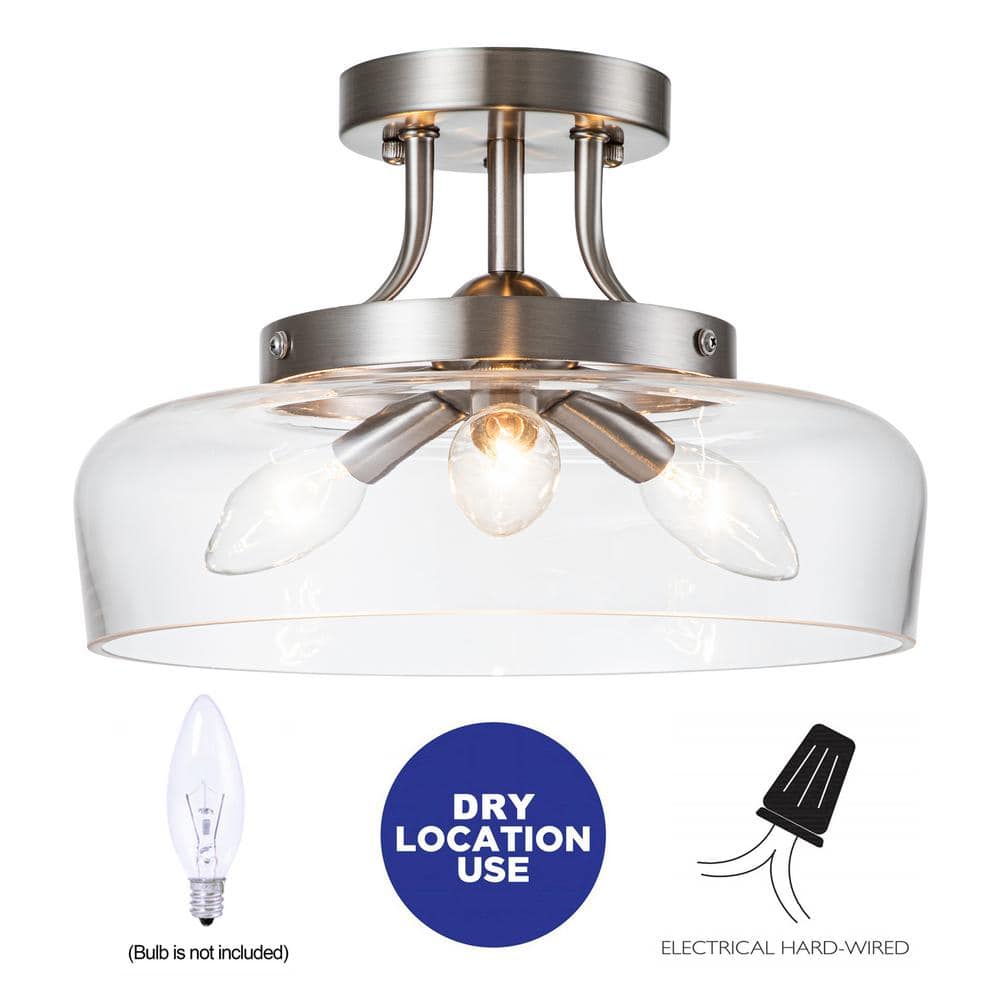 11 in. 3-Light Satin Nickel Transitional Semi-Flush Mount with Clear Glass Shade and No Bulbs Included - Hercitys