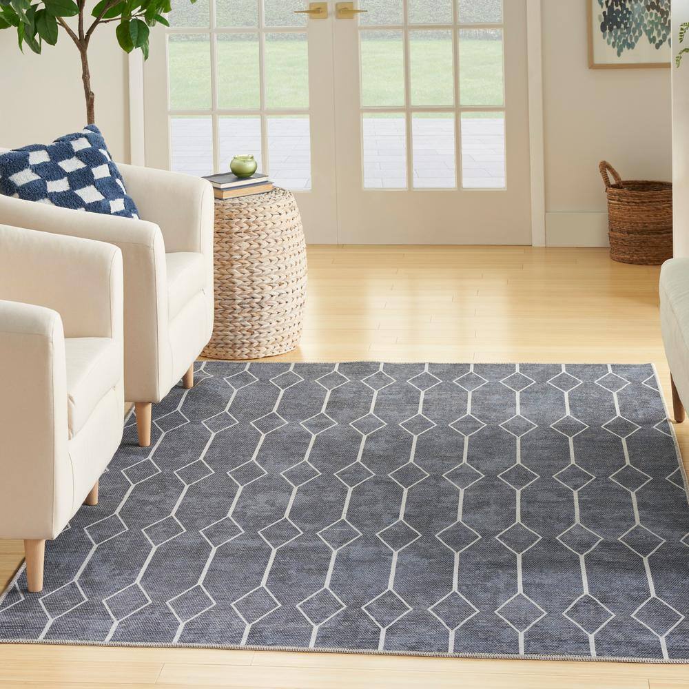 57 Grand Machine Washable Navy 5 ft. x 7 ft. Geometric Contemporary Area Rug - Hercitys