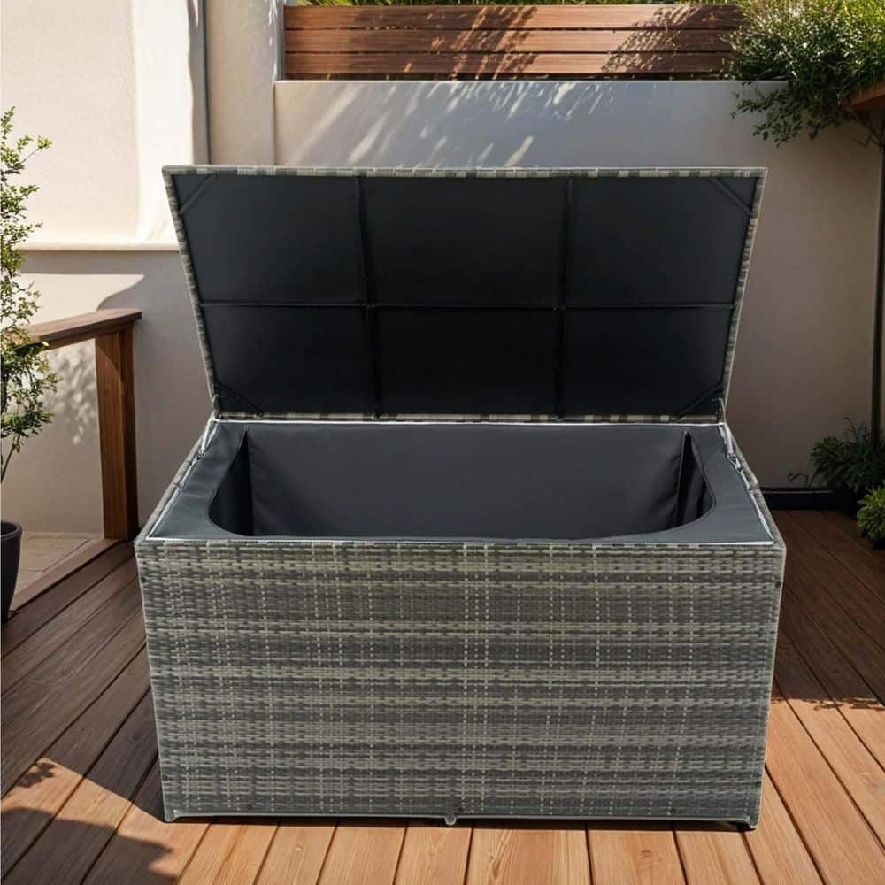 200 Gal. PE Rattan Patio Deck Boxes with Lid, Indoor Outdoor Durable Storage Deck Box For Patio Lawn and Garden, Grey - Hercitys