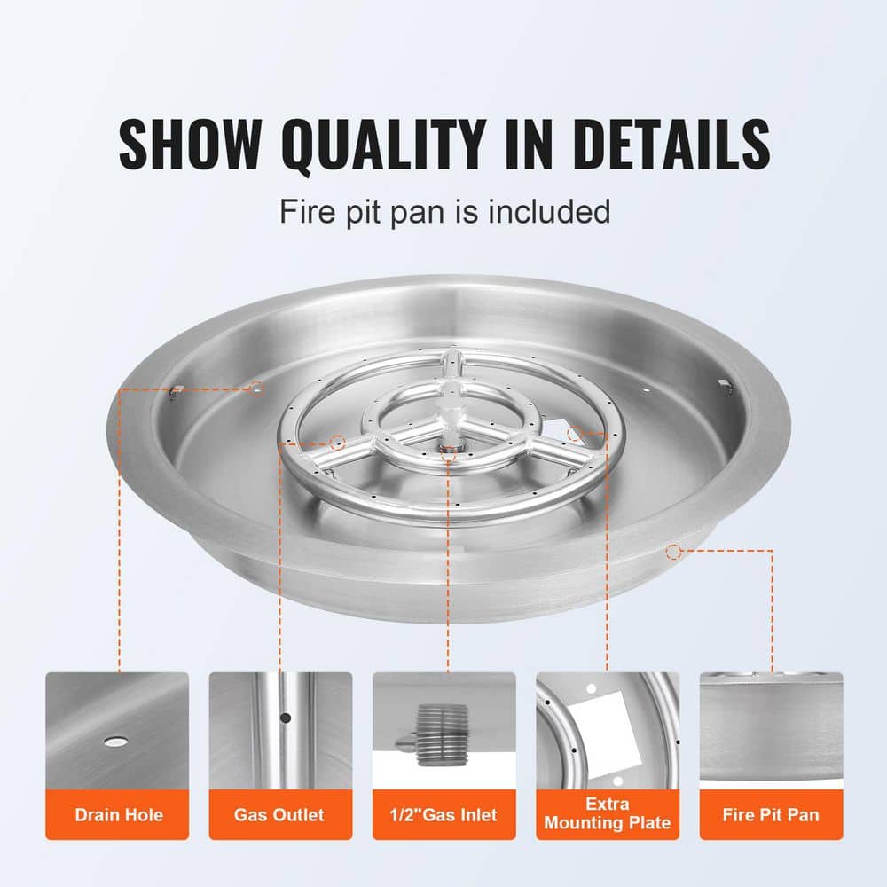 19 in. Round Drop-in Fire Pit Pan, Stainless Steel Fire Pit Burner, Natural & Propane Gas Fire Pan 92,000 BTU with Lid - Hercitys