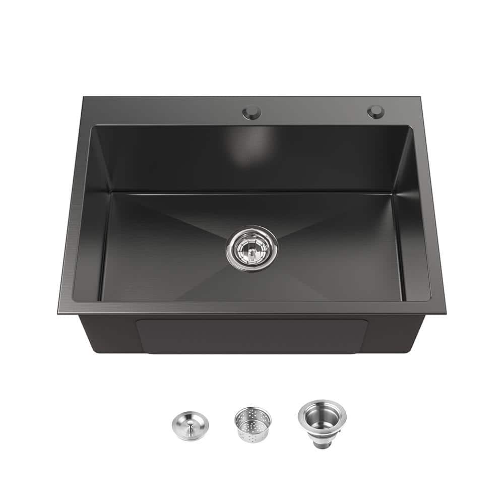 27 in Drop-In Single Bowl 20-Gauge Black Stainless Steel Workstation Kitchen Sink with US Standard Drain and Hook - Hercitys