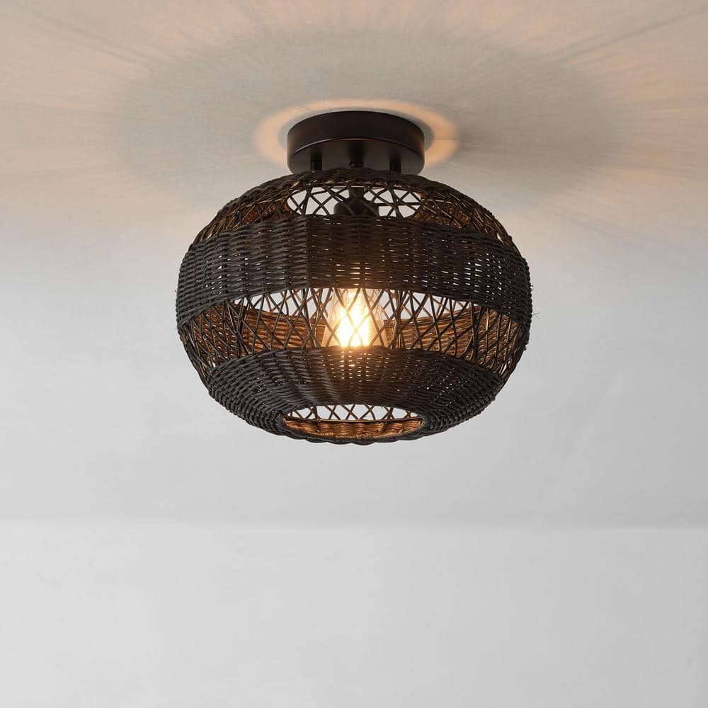 12 in. 1-Light Matte Black Farmhouse Semi-Flush Mount with Rattan Shade and No Bulbs Included - Hercitys