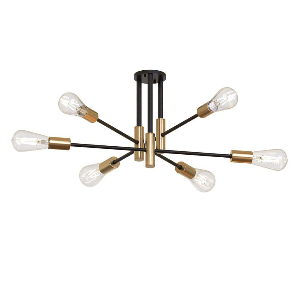 32.7 in. 6-Light Black Unique Modern Sputnik Semi-Flush Mount with Aged Brass Socket Cups - Hercitys