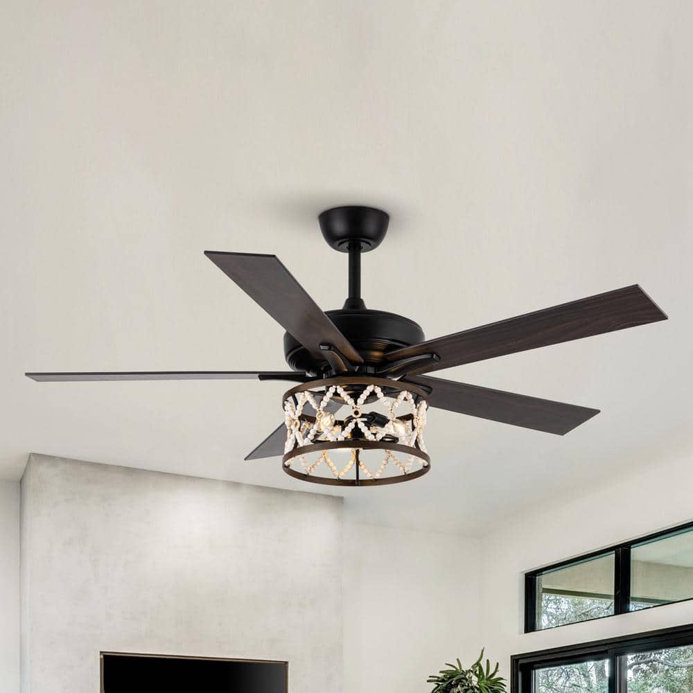 52 in. Indoor Bohemian Black Ceiling Fan with Wood Beaded Light Kit and Remote Control - Hercitys
