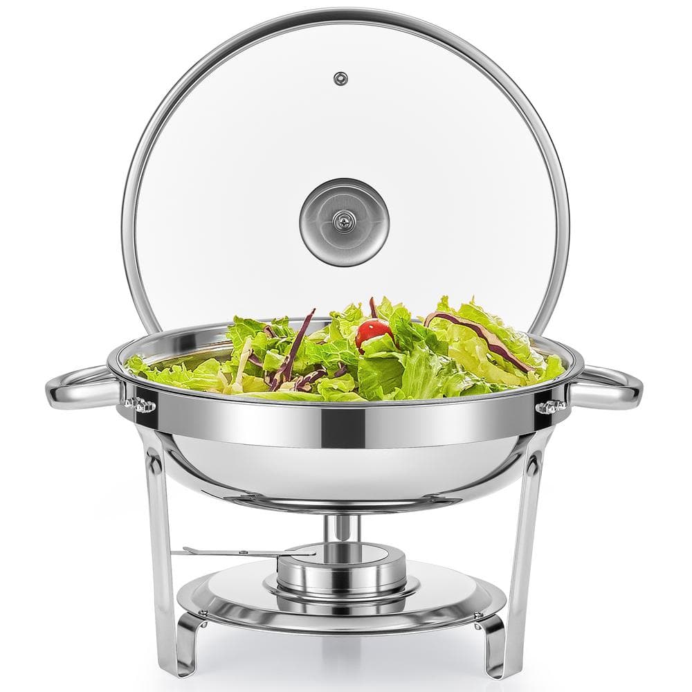 5 qt Stainless Steel Round Chafing Dish Buffet Set for Catering with Glass Lid & Lid Holder - Hercitys