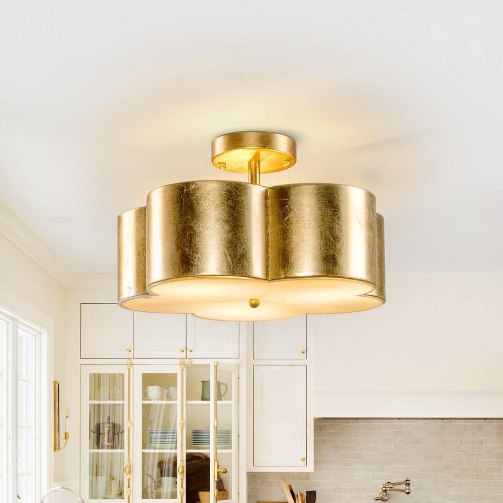 15.35 in. 3-Light Gold Metal Flower Semi Flush Mount Ceiling Light Fixture - Hercitys