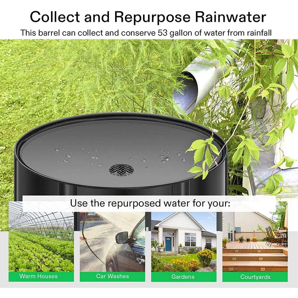 53 Gal. Collapsible Rain Barrel with 2 Spigots and Overflow Kit in Black - Hercitys