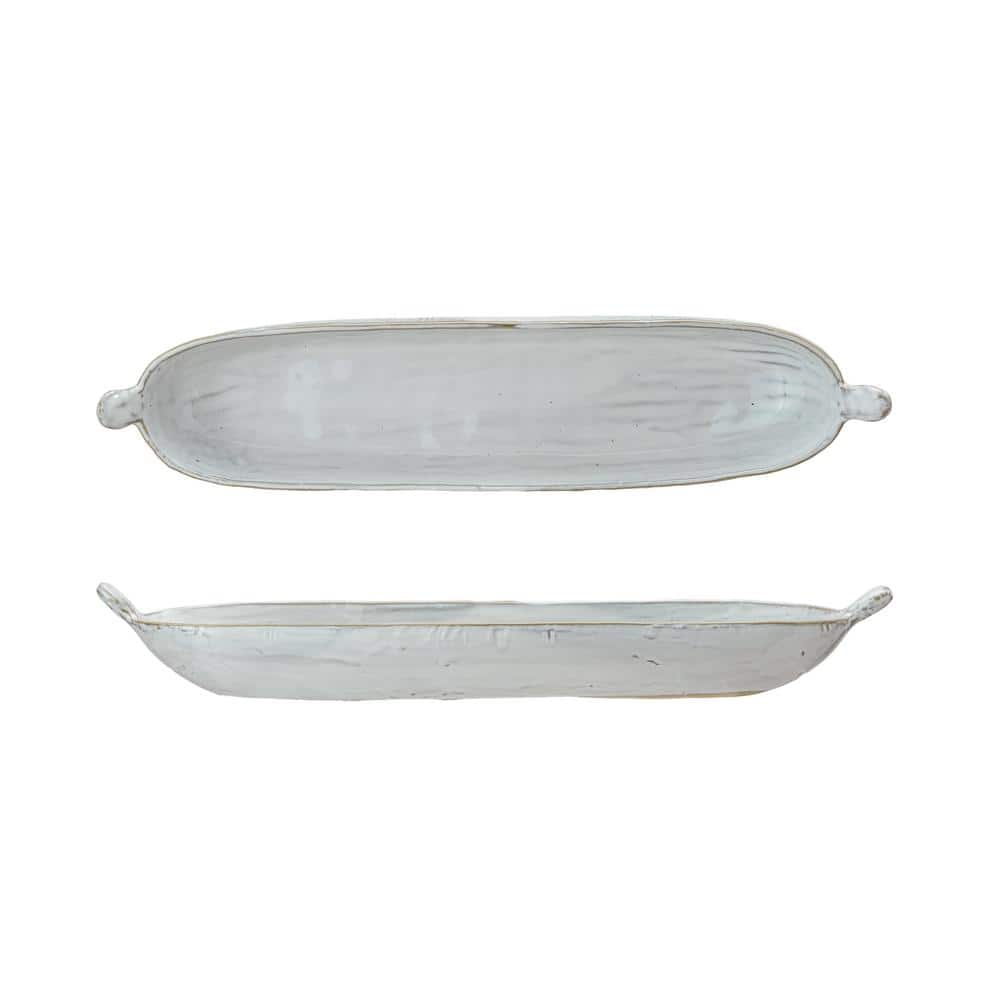 13.4 in. White Long Stoneware Serving Platter with Reactive Glaze - Hercitys