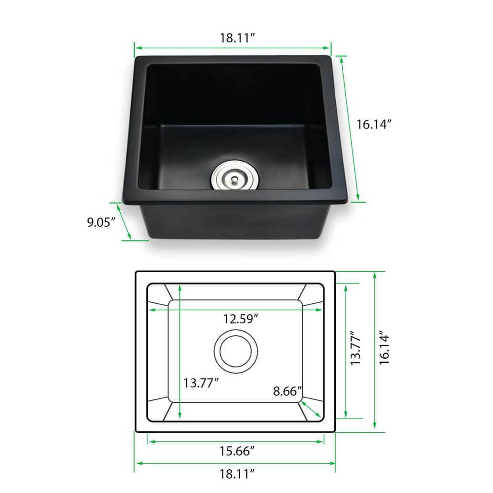 18 in. Undermount Single Bowl Matte Black Quartz Kitchen Sink with Basket Strainer - Hercitys