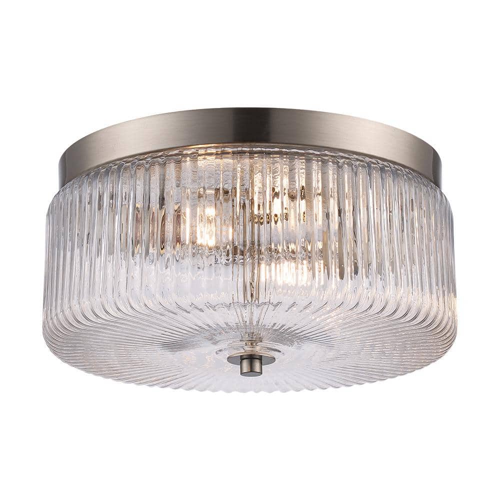 11.75 in. 2-Light Brushed Nickel Flush Mount Ceiling Light Fixture with Clear Ribbed Glass Shade - Hercitys