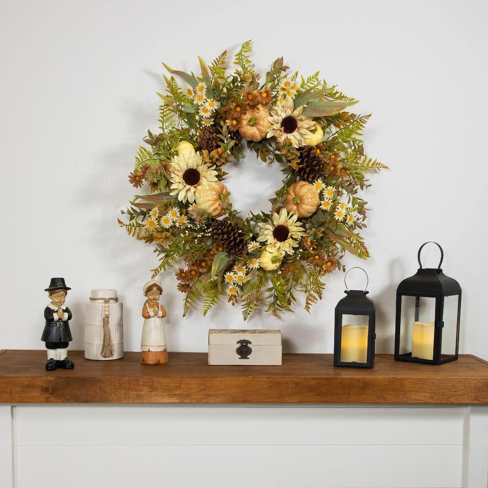 28 in. Unlit Sunflowers and Pumpkins Artificial Fall Harvest Wreath - Hercitys
