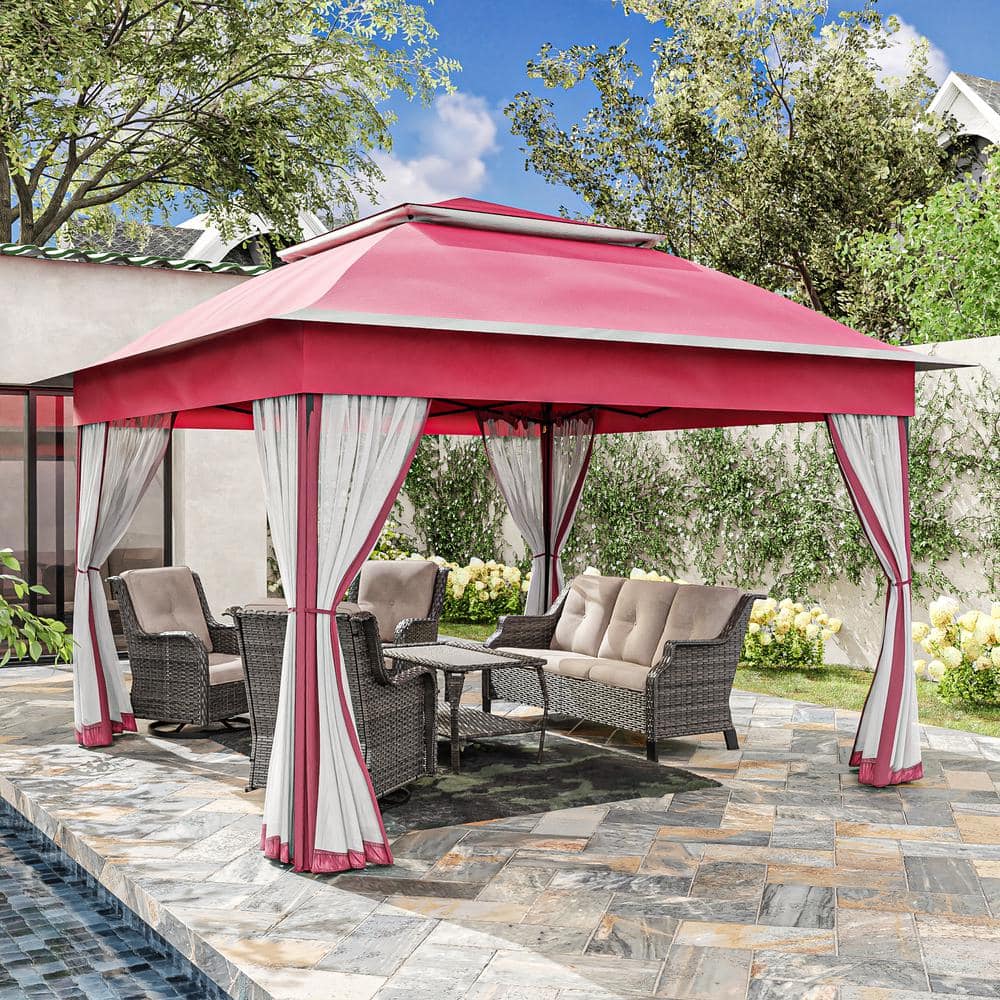 11 ft. x 11 ft. Pink Steel Pop-Up Gazebo with Mosquito Netting - Hercitys