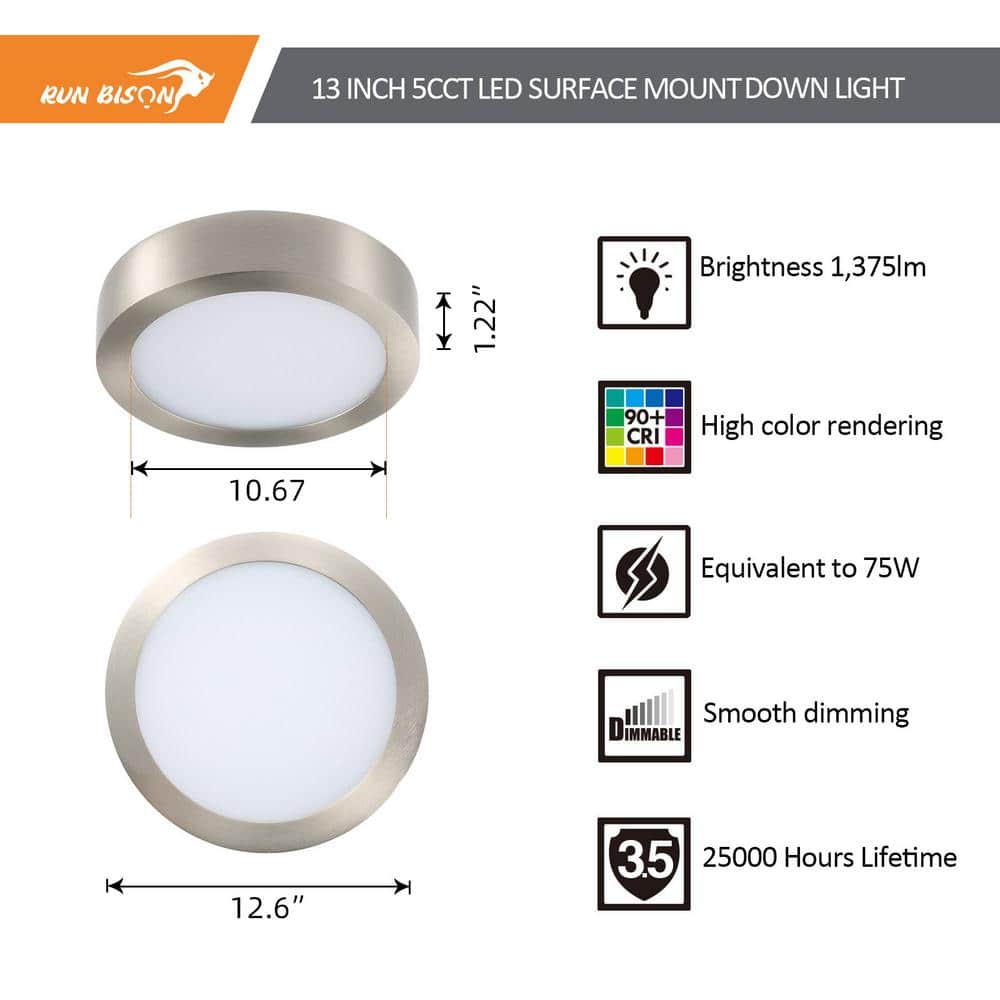 4-Pack 13 in. Round Color Brushed Nickel Selectable Integrated LED Flush Mount Downlight - Hercitys