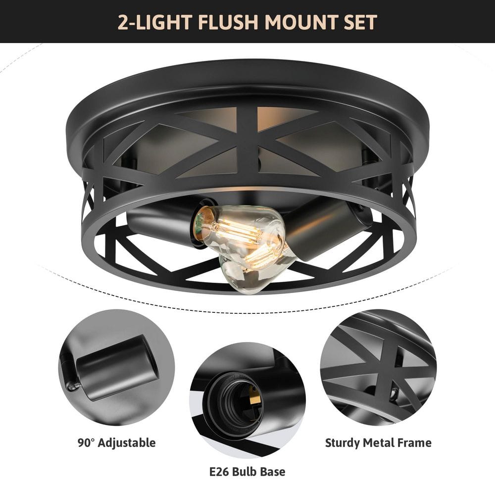 11 in. 2-Light Matte Black Flush Mount Farmhouse Metal Cage Ceiling Lights w/ Adjustable Lamp Holders E26 Bases, 2-Packs - Hercitys