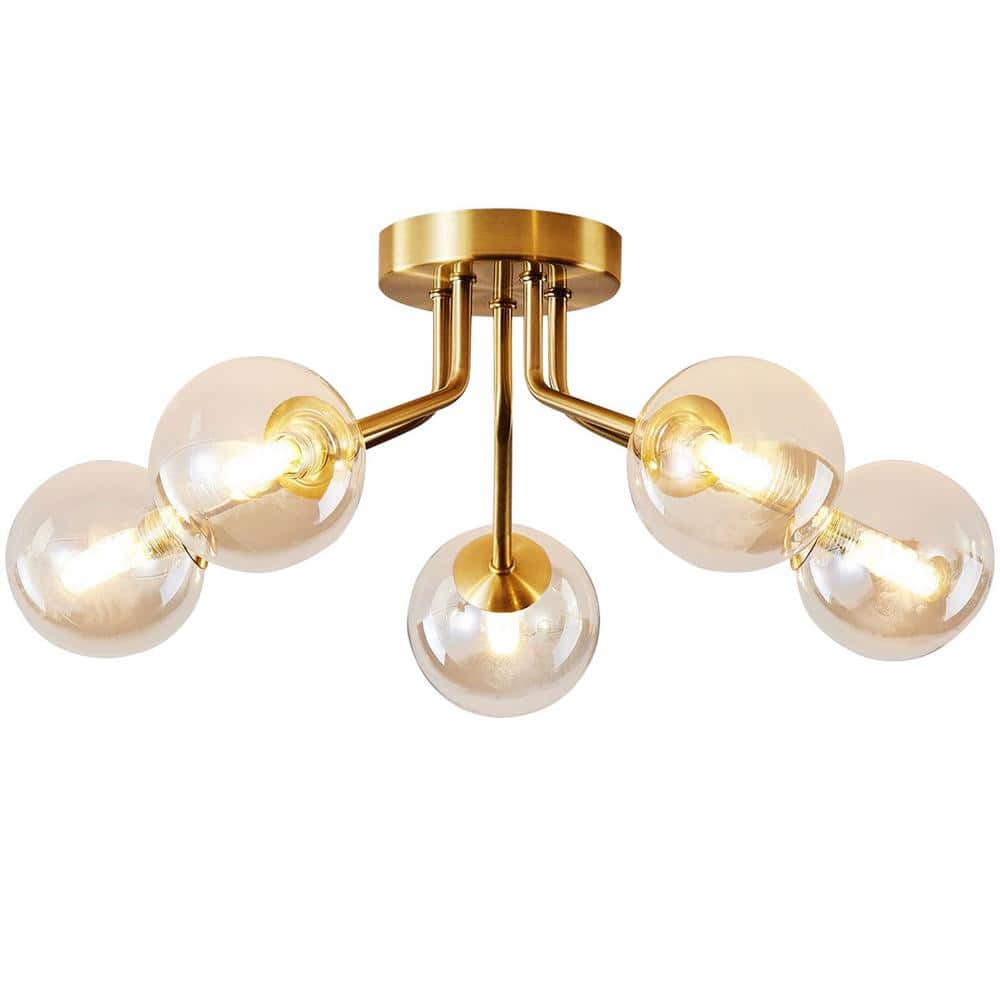 23.6 in. 5-Light Modern Gold Semi-Flush Mount Ceiling Light with Glass Shade for Dining Room Bedroom - Hercitys