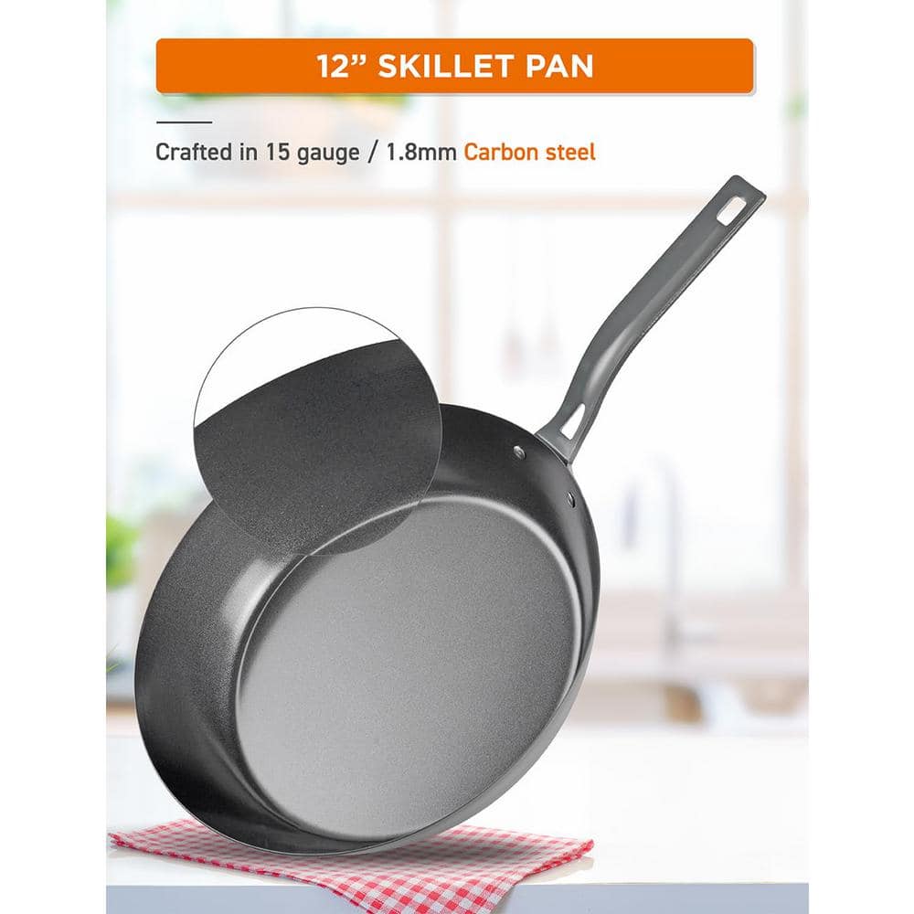 12 in. Carbon Steel Skillet Non-Stick Frying Pan with Ceramic Coating - Hercitys