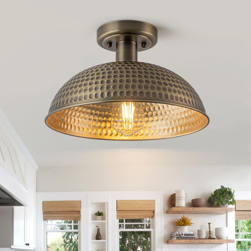 12.2 in. 1-Light Antique Brass Semi-Flush Mount Ceiling Light with Dome Metal Shade - Hercitys