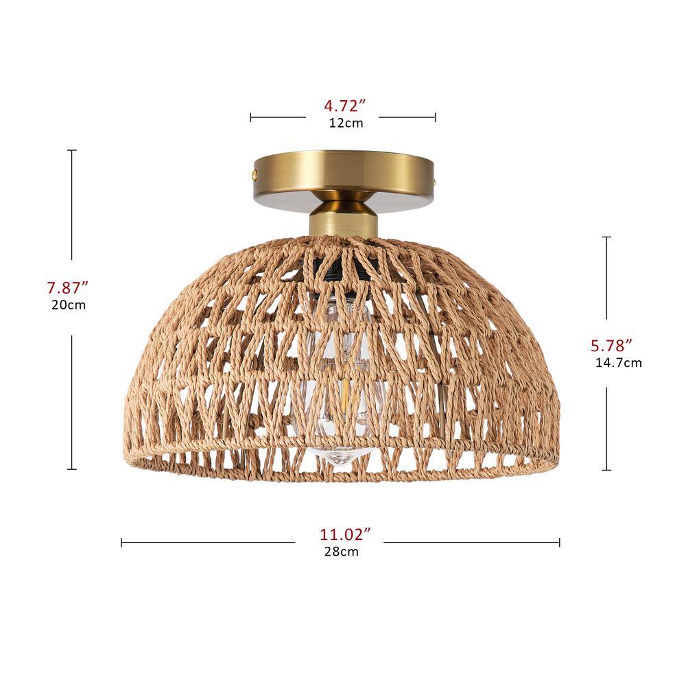 11.02 in. 1-Light Handmade Woven Boho Semi-Flush Mount Rustic Rattan Ceiling Light - Hercitys