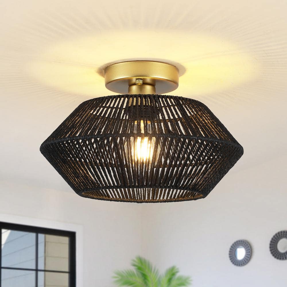 12.59 in. 1-Light Gold and Black Metal Semi-Flush Mount Light with Imitation Hemp Rope Shade and No Bulbs Included - Hercitys