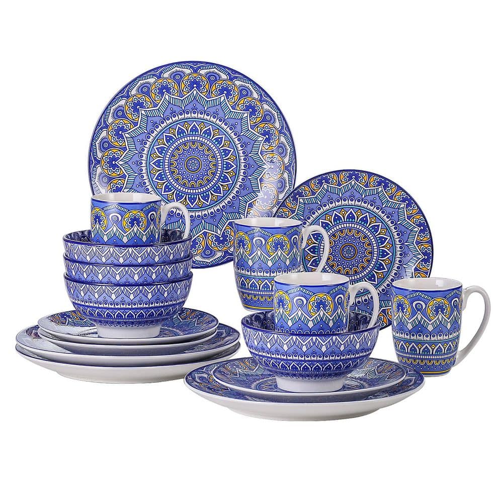 16-Piece Blue Porcelain Dinnerware Set Service for 4 Mandala Pattern Tableware Dining Set with Plates Bowls and Mugs - Hercitys