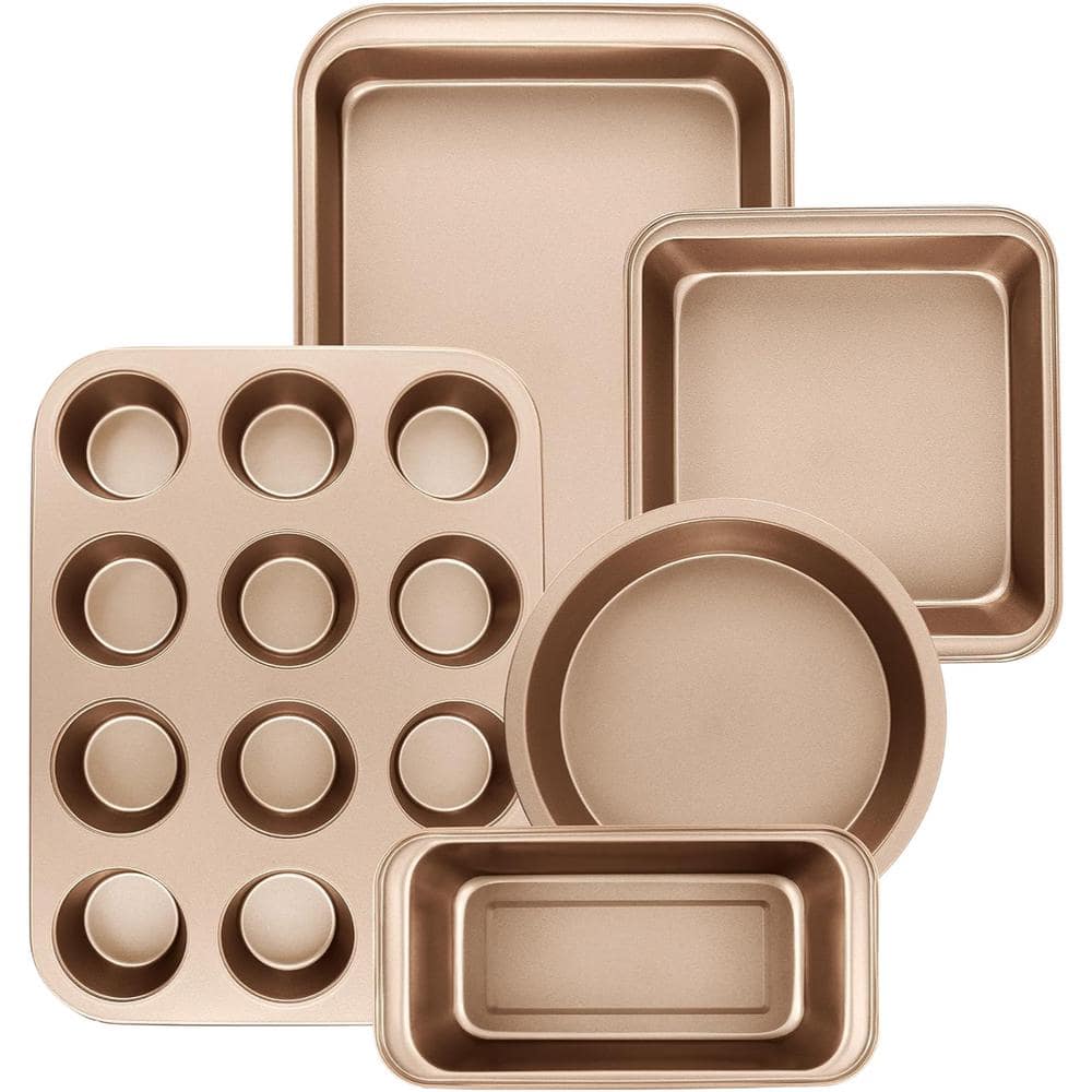 5-Piece Champagne Gold Bakeware Set with Round/Square Cake Pan, Muffin Pan, Loaf Pan, Roast Pan, for Cookware Sets - Hercitys
