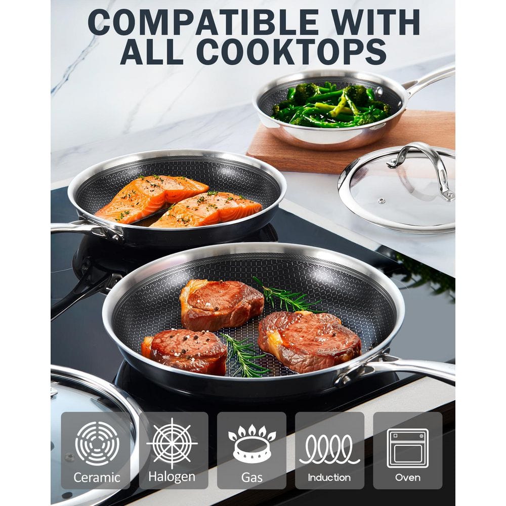 10-Inch Multi-Ply Clad Stainless Steel Hybrid Nonstick Frying Pan with Tempered Glass Lid - Hercitys