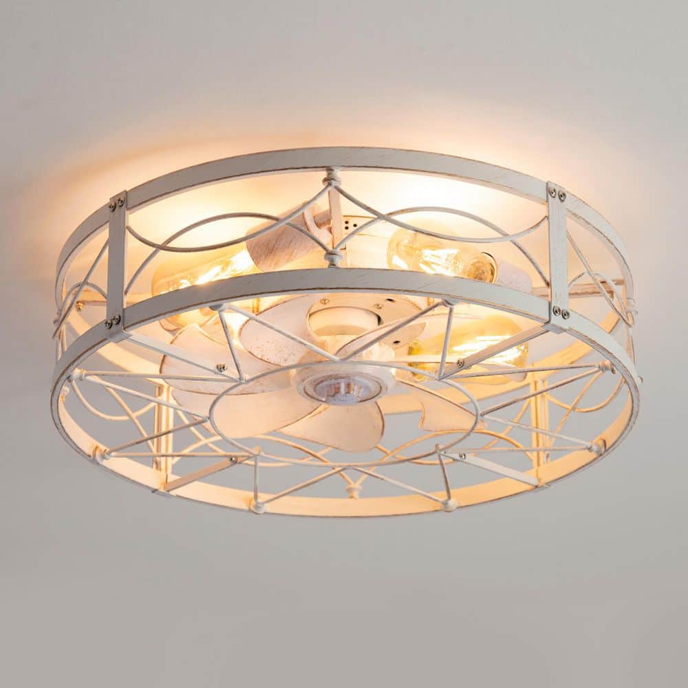 20 in. Indoor White/Gold Caged Flush Mount Industrial Ceiling Fan with Metal Light Kit and Remote Control Included - Hercitys